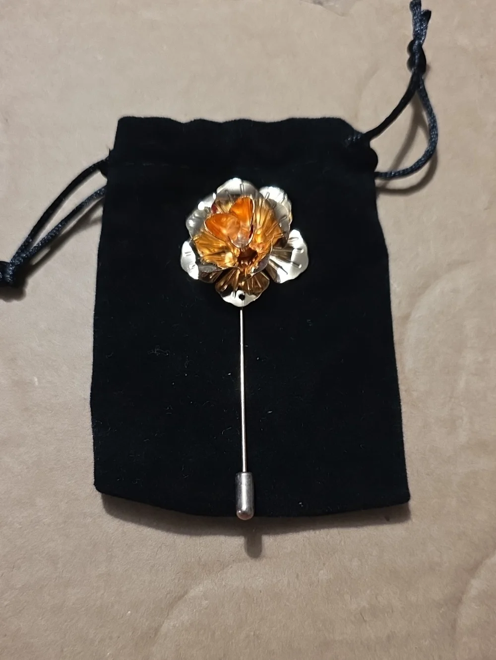 Gold and Amber Flower Stick Pin - Mens Dress Accessory